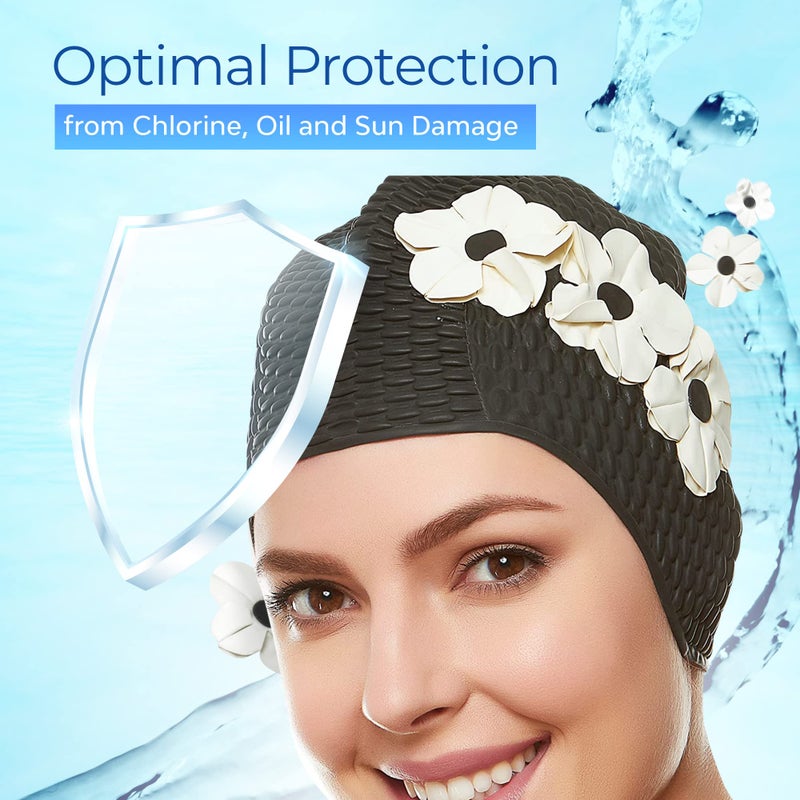 Beemo Latex Swimming Cap for Women, Swim Cap for Long Hair or Short Hair, Bath & Swim Caps to Shield Hair from Damage, Use as Large Shower Cap, Black Swimming Cap with White Flowers - Image 5